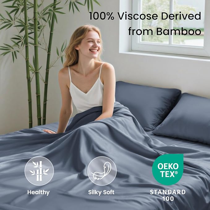 Love's cabin 4 Piece King Size Sheet Set, 100% Rayon Derived from Bamboo, Cooling & Breathable, Soft Silky Deep Pocket up to 16", Hotel Luxury Bedding for Hot Sleepers, Bluish Grey