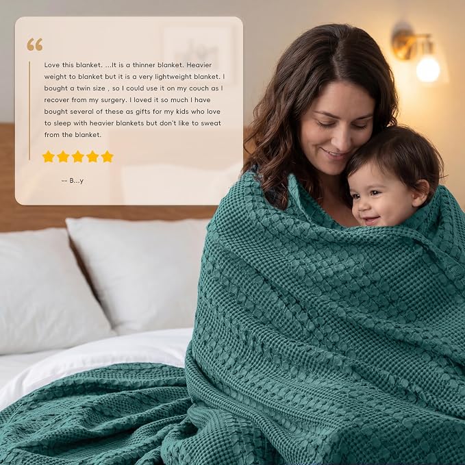 PHF Lightweight 100% Cotton Waffle Blanket for Bed, Queen, Teal | Pre-Washed Soft Cotton Comfort, Breathable Layering Warmth for Fall & Winter, Bed, Sofa, Couch, Home Decor & Gifts