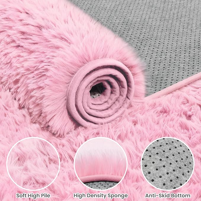8x10 Fluffy Shag Area Rugs for Living Room Bedroom: Soft Carpet Light Pink | Upgraded Non-Slip Thick Memory Foam, Ultra Soft, Non-Shedding Fuzzy Carpet, Easy Clean Decor for Kids Room, Nursery, Playroom