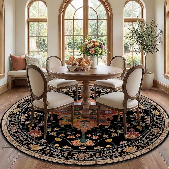 RELEANY Washable Area Rug, Round 7ft, Black/Colorful | Non-Slip, Water Repellent, Pet Friendly, Easy to Clean, Vintage Floral Boho Decor for Living Room Bedroom Dining Room