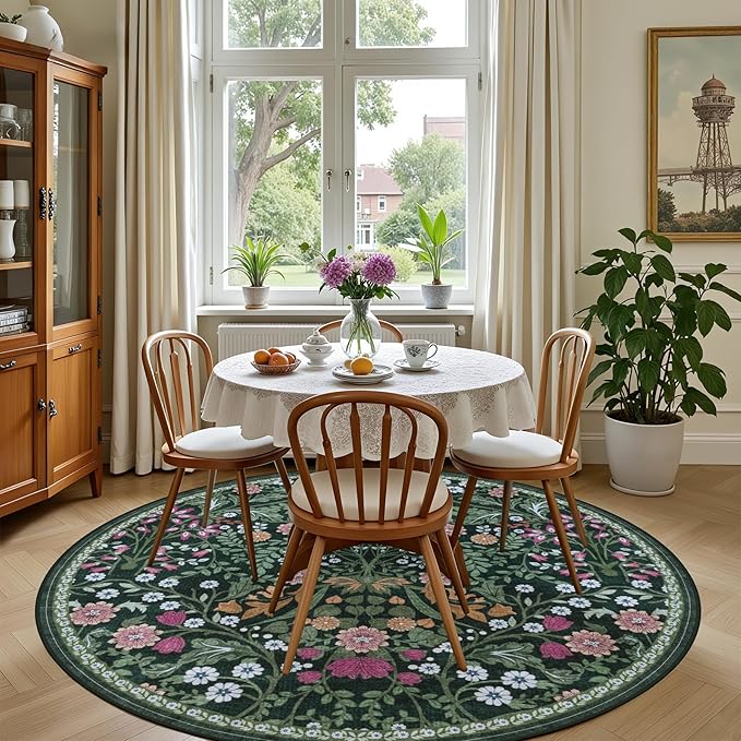 PLHXFR Round Area Rug Living Room: 4 ft Floral Washable Carpet Dark Green | For Bedroom Dining Room Farmhouse Nursery Hallway,Vintage Floral,Machine washable,Non Slip,Stain Resistant,Large Indoor