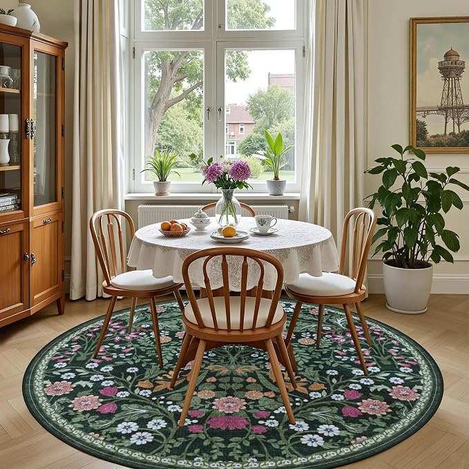PLHXFR Round Area Rug Living Room: 6 ft Floral Washable Carpet Dark Green | For Bedroom Dining Room Farmhouse Nursery Hallway,Vintage Floral,Machine washable,Non Slip,Stain Resistant,Large Indoor