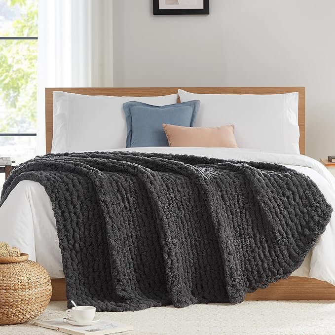 L'AGRATY Chunky Knit Throw Blanket for Couch, 50 x 60 Inches, Dark Grey | Handmade Chenille Crochet Blanket for Sofa Bed, Thick Cable Knitted Blankets for Room Home Decor, Birthday Gift for Women Mom