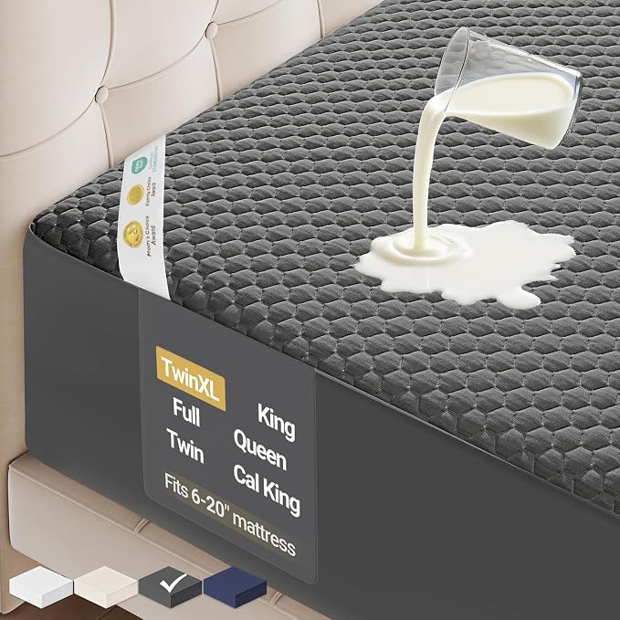 OhGeni 100% Waterproof Mattress Protector, Twin XL-Gray Size Mattress Pad, Fits 6"-20" Mattresses with Deep Pocket, Cooling, Breathable Fitted Sheets, Washable Bed Cover Over 99 Count Hex Bumps