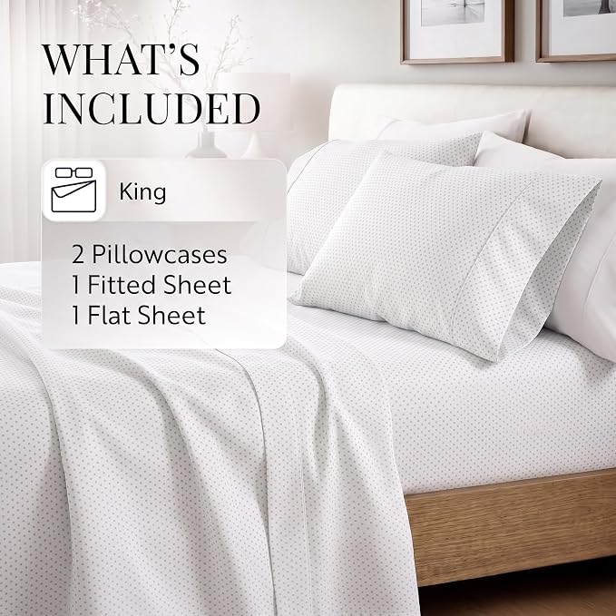 Linen Market 4 Piece King Sheet Set - Breathable, Double-Brushed Patterned Cooling Sheets – Oeko-TEX Certified Ultra Soft & Wrinkle-Free 16" Deep-Pocket King Sheets - Easy Care Stippled Light Gray