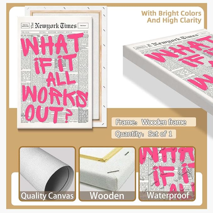 Drimiler Retro Newspaper Pink Font Poster What If It All Works Out Canvas Wall Art Positive Affirming Quote Minimalist Prints Painting For Home Bedroom Dorm Wall Decor 12x16in Wframed