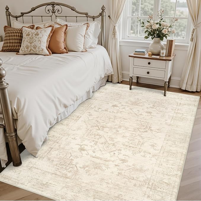 6x9 Area Rugs Living Room: Bedroom Washable Carpet Beige/Brown | Large Vintage Boho Indoor Decor Neutral Soft Nursery Farmhouse Dining Room Office Floor Non-Slip Low Pile Under Table Rug