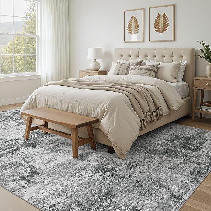 UERMEI 9x12 Area Rug for Living Room - Washable Neutral Modern Abstract Carpet, Non-Slip Soft Large Indoor Floor Rugs for Bedroom Home Office & Under Dining Table Decor, Grey Black
