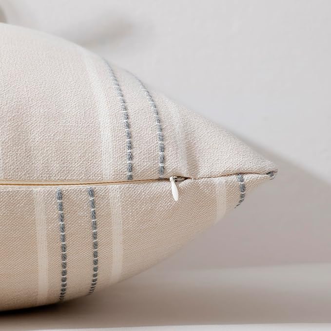 Hckot Grey Decorative Throw Pillow Covers 18x18 Set of 2 Boho Pillow Covers | Striped Farmhouse Pillows Textured Linen Square Cushion Covers for Sofa Couch Bed Living Room Decor(Light Grey)