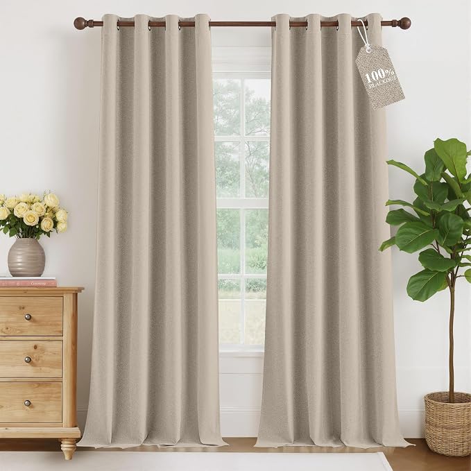 NICETOWN 100% Blackout Curtains for Bedroom 84 inches Long Linen Textured | Thermal Insulated & Noise Reducing Draperies for Living Room, Farmhouse Style Full Light Blocking, W52 x L84 in, 2 PCs, Beige