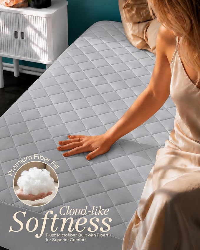 Quilted Mattress Pad Queen Mattress Protector Topper fit 16" Deep LightGrey | Soft Breathable Fitted Mattress Cover, Noiseless, Deep Pockets & Machine Washable for Home & Hotels by Utopia Bedding