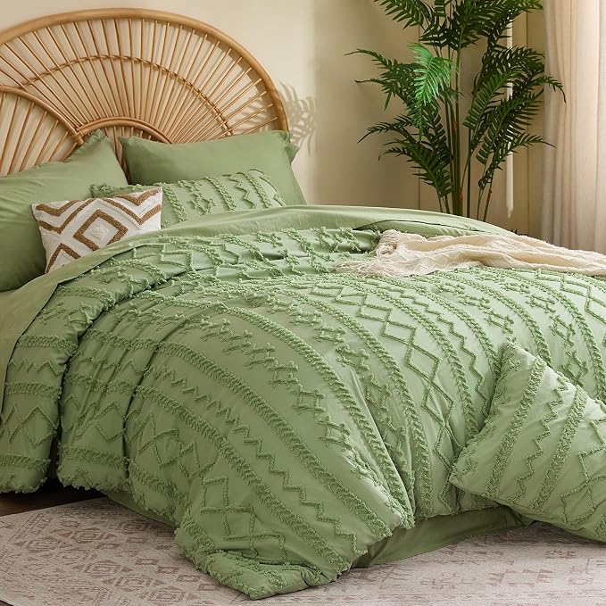 BEDELITE King Comforter Set 7 Pieces,Boho Bed in a Bag,Sage Green | Tufted Bed Set for All Seasons,Soft Farmhouse-Style Embroidery Bedding,Includes Flat & Fitted Sheets,2 Pillowcases & 2 Shams