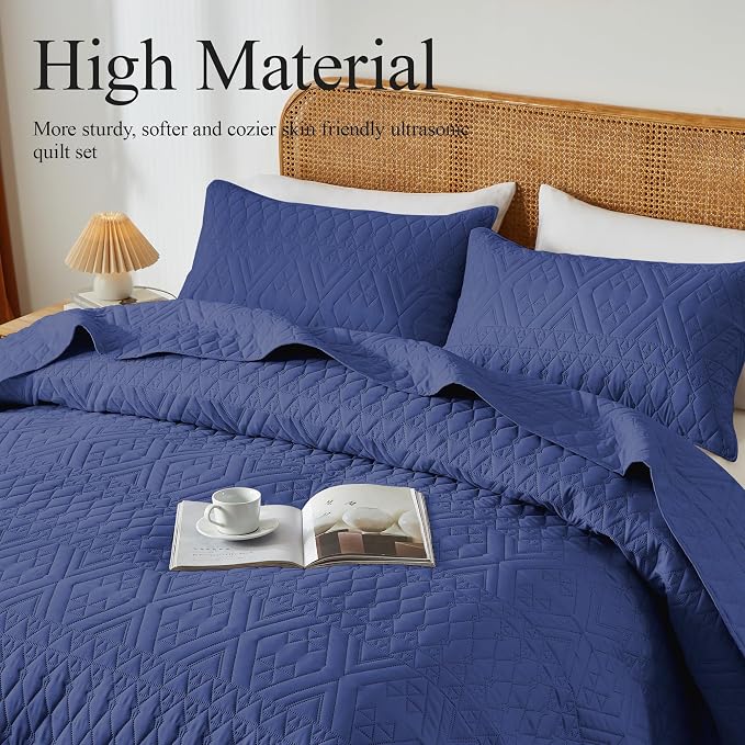 akkialla Full/Queen Size Quilt Bedding Set,Navy Blue Lightweight Microfiber Soft Bedspread,Modern Style Geoetric Pattern Coverlet Set for All Seasons,3 Piece(1 Quilt,2 Pillow Shams)