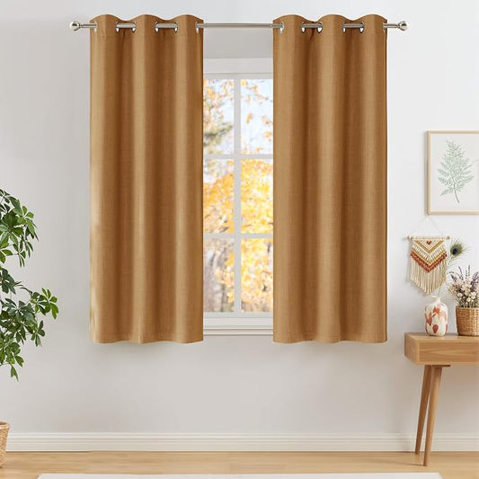 NICETOWN Short Faux Linen Gold Brown Blackout Curtains 63 inches Long | For Kitchen, Privacy Panels, for Living Room, Bedroom, Modern Farmhouse Style, Easy Care, Grommet Top, 2 Panels, W42 by L63