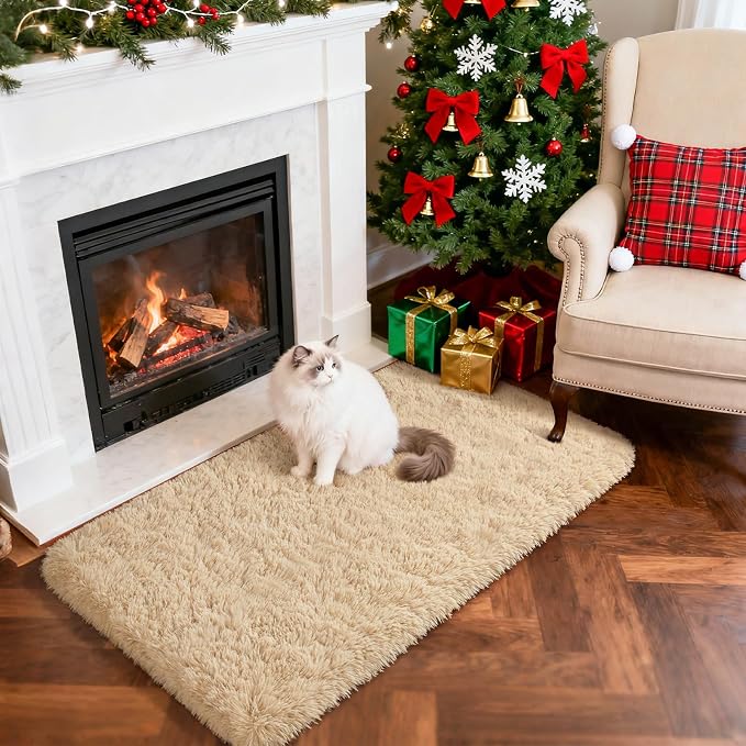 Modern Soft Fluffy Small Shaggy Rug for Bedroom Livingroom, Soft Non-Slip Kids Room Entryway Throw Rugs, Plush Furry Fur Area Rugs Comfy Nursery Accent Floor Carpet 2x3 Feet, Beige