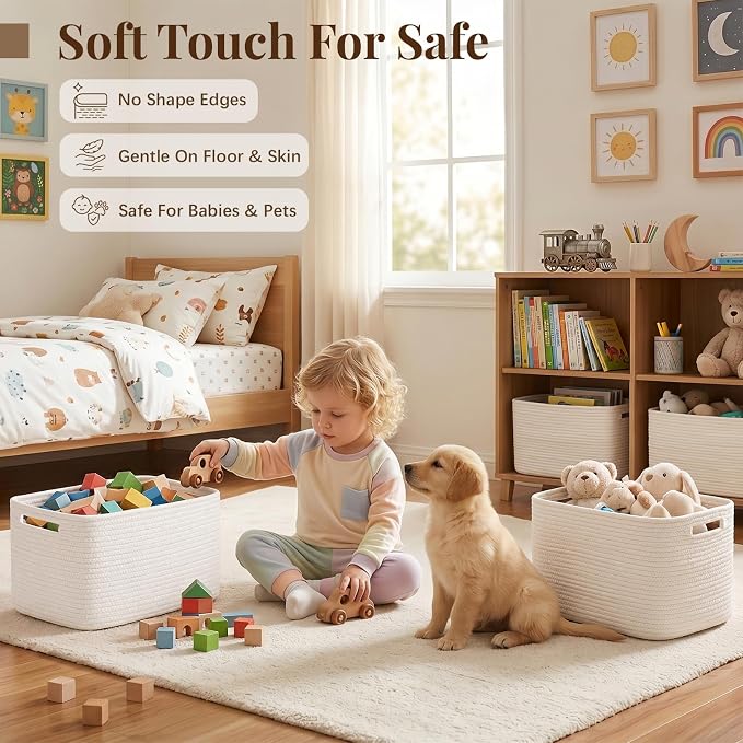 OIASKET 4Packs Natural Cotton Rope Storage Baskets for Organizing Toys, Clothes, Towels & Books, Soft Versatile Organizers for Shelves, Home Decorative Bins, 13''Lx9''Wx7.8''H, White