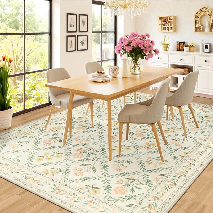 PLHXFR Area Rug 10x12 Living Room: Floral Washable Boho Carpet Beige Multi | For Bedroom Dining Room Farmhouse Nursery Hallway,Vintage Floral,Machine washable,Non Slip,Stain Resistant,Large Indoor