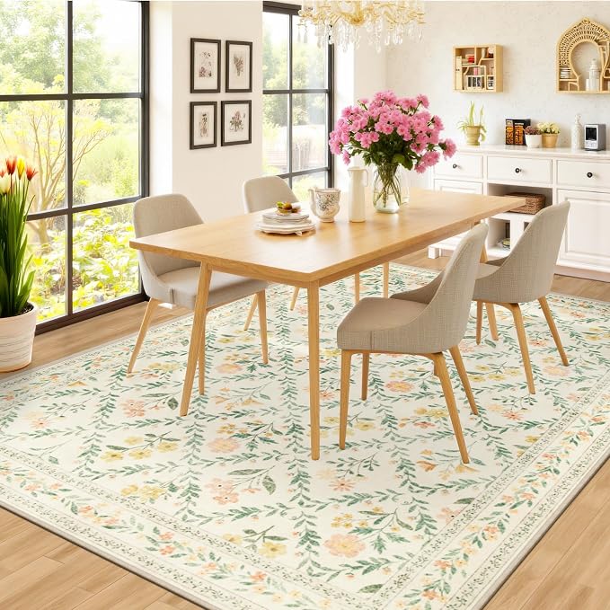 PLHXFR Area Rug Living Room: 5x7 Floral Washable Boho Carpet Beige Multi | For Bedroom Dining Room Farmhouse Nursery Hallway,Vintage Floral,Machine washable,Non Slip,Stain Resistant,Large Indoor