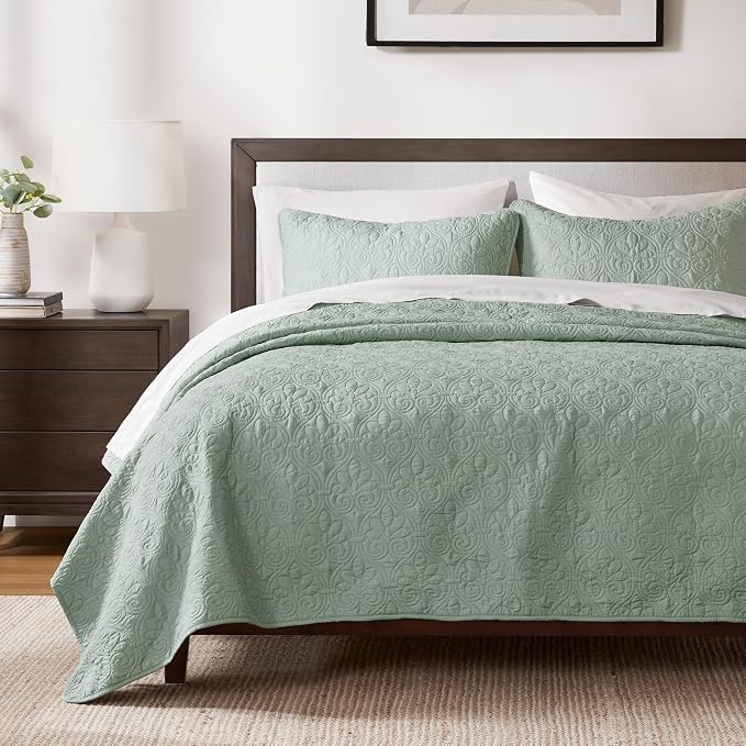 Madison Park Luxurious Cotton Damask Quilt Set, 3PC Full/Queen Bed Set | All Season, Lightweight Stitching Coverlet Bedspread Bedding Stitching with Shams, Seafoam