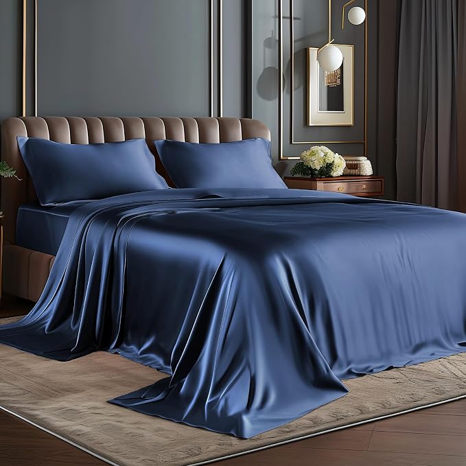 BEDELITE Satin Sheets Twin XL Size Bed Set, Navy, 3 Pieces | Luxury Silky Bed Sheets, 15 Inch Deep Pocket, Similar to Silk, Soft and Cooling, Reduces Friction, Gentle on Hair and Skin