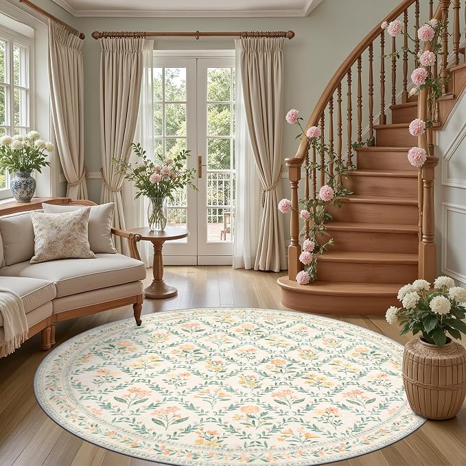PLHXFR Round Area Rug Living Room: 6 ft Floral Washable Carpet Beige Multi | For Bedroom Dining Room Farmhouse Nursery Hallway,Vintage Floral,Machine washable,Non Slip,Stain Resistant,Large Indoor