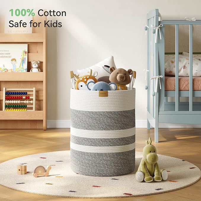 Nunsino 62L Striped Laundry Hamper with Leather Handles,Large Foldable Laundry Basket for Clothes,Cotton Rope Storage Bin for Blankets,Woven Clothes Basket for Bedroom,Gray Stripes