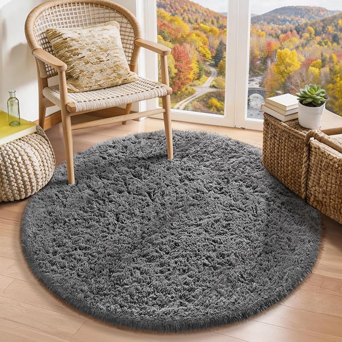 Ophanie Round Rugs 3Ft Grey Circle Area Rug,Christmas Room Decor, Aesthetic Nursery Bedroom Carpet, Fluffy Fuzzy Plush Soft Shaggy Gray Living Room Rugs for Kids Boys Girls Teen Baby Home, Dorm