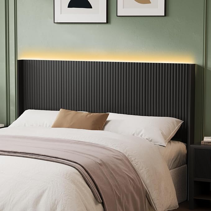 Wood Headboard Queen Size, 64.6" Wide Queen Headboard Only with Lighting | Black Wood Queen Bed Headboard Only, Wall Mounted Headboard with Wingback for Bedroom, Modern Farmhouse Headboards