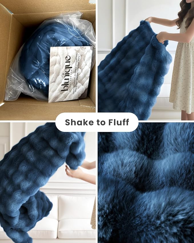 Ultra Soft Cozy Faux Fur Throw Blanket, Fuzzy Plush Thick Bubble Blanket, Oversize Luxury Fluffy Blanket for Couch, Sofa, Bedroom, and Living Room,50x60 Inches,Blue