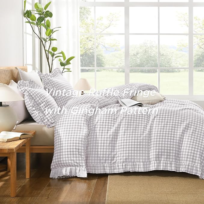 Andency Light Grey Gingham Duvet Cover King, Ruffle Chic Bedding Set 3 Pcs | Farmhouse Soft Pre-Washed Polyester Comforter Cover with Zipper Closure & Corner Ties, 104x90Inch