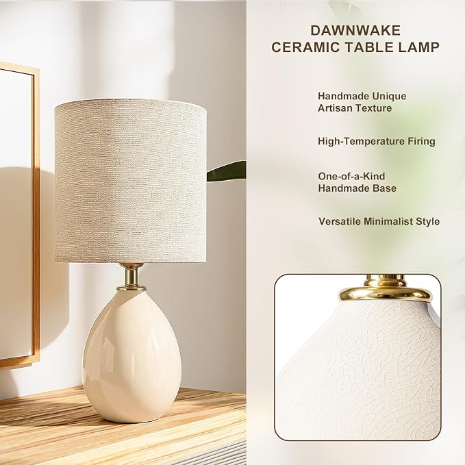 18.5" Ceramic Table Lamps Set of 2 for Living Room Bedroom, White | Bedside Lamps for Bedroom Nightstand, Ice Crackle Home Bedroom Living Room Decor, Linen Fabric Shade, 3-Color Temperature
