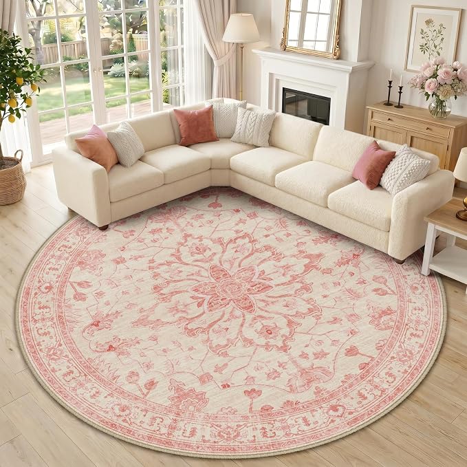 RELEANY Washable Area Rug, Round 10ft, Pink/Light Vintage Pink | Non-Slip, Water Repellent, Pet Friendly, Easy to Clean, Vintage Floral Boho Decor for Living Room Bedroom Dining Room