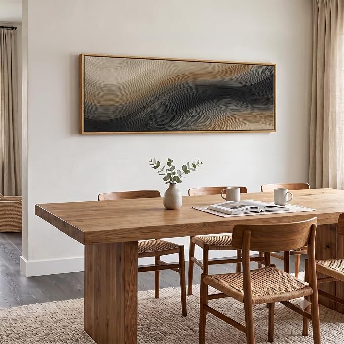 Large Framed Neutral Black Brown Abstract Wall Art for Living Room, 20x60 | Minimalist line artwork, Canvas prints, Wood frame, Long horizontal modern picture, Wall decor for bedroom dining room office