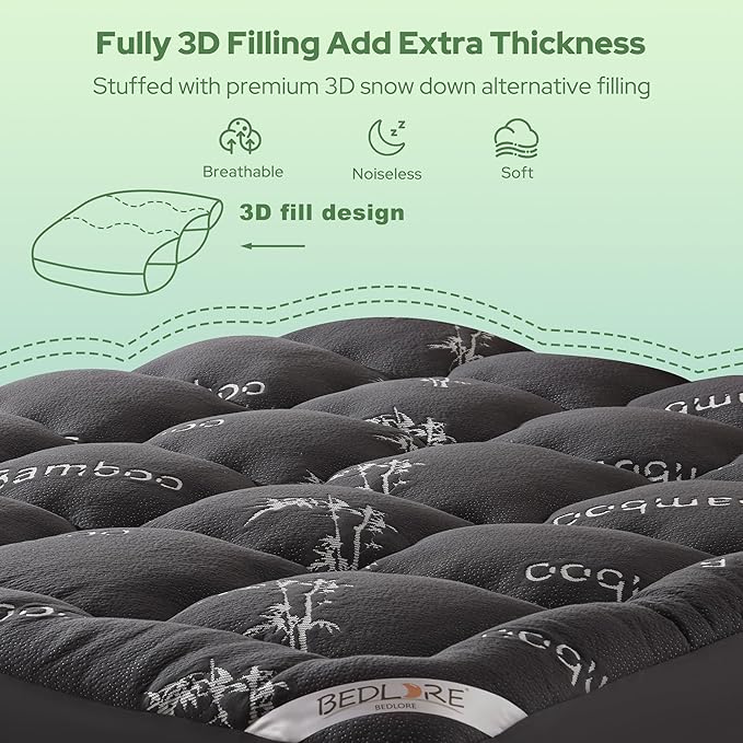 BEDLORE Full Size Mattress Topper Viscose Bamboo, Pillow Top Mattress Pad | Stretchable Pockets Fit 6"-15" Mattress, Soft Breathable Thick Mattress Topper for Back Pain Relief & Hot Sleepers(Dark Gray)