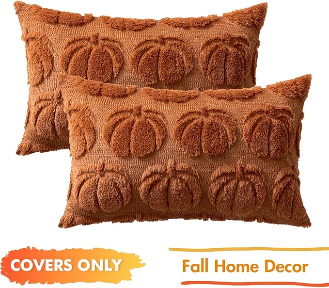 MIULEE Fall Pillow Covers Pumpkin Fall Decor Lumbar 12x20 Dark Rust | Set of 2 Fall Decorations for Home, Plush Faux Fur Farmhouse Accent Pillowcases, Porch Sofa Couch Cushion Bed Livingroom