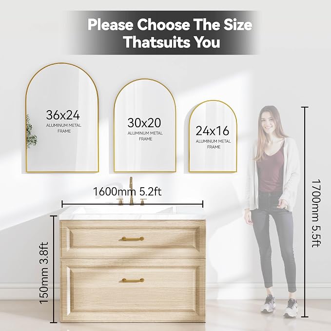 36x24 Bathroom Mirror Arch Wall Mounted/Against Aluminum Frame Gold | HD Crystal Clear No distortion Tempered Glass,Make-Up Vanity Mirrors for Bedroom,Entryway,Living Room