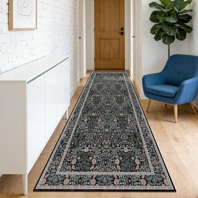 Washable 2'6" x 8' Runners for Hallways, Non Slip Long Floor Runner for Kitchen, Entryway Indoor, Stain Resistant Rubber Backing Floral Decor Rug (Black)