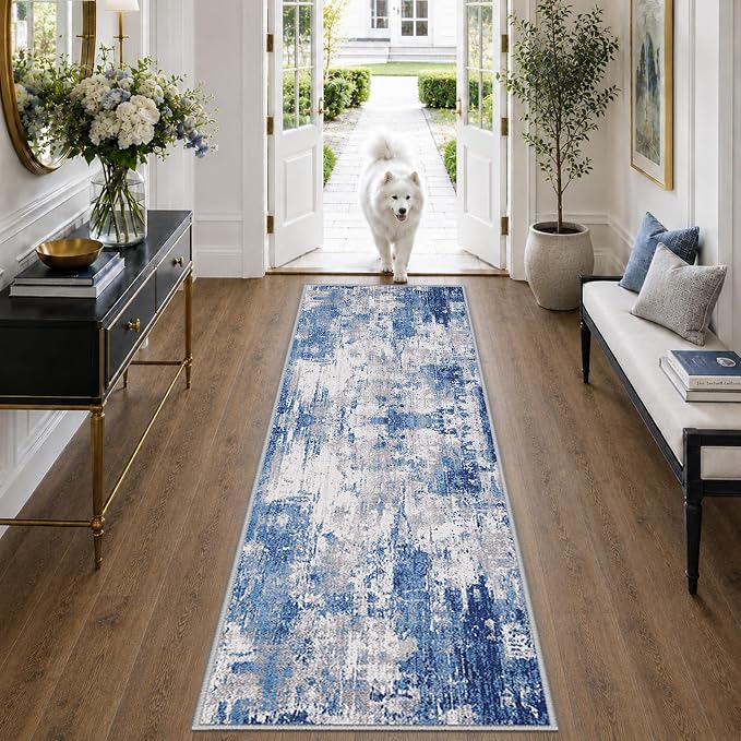 RELEANY Washable Runner 2'x6' Abstract Area Rug for Hallway Blue Gray | Carpet for Kitchen, Entryway, Bathroom, Living Room, Bedroom, Printed Pattern, Non‑Slip, Soft, Stain‑Resistant, Easy to Clean