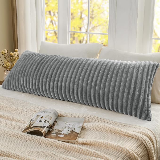 BEDELITE Fluffy Striped Body Pillow Cover with Zipper, Grey, 20x54 | Ultra-soft Faux Fur with 6D Striped Texture, Comfy, Plush, and Cloud-like, Body Pillow Pillowcase for Bed Couch Room Decor
