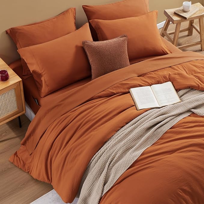 Queen Comforter Set-7 Pieces Soft Prewashed Bed in a Bag Queen Bedding Sets | All Season Comforter with Sheets, Pillow Shams & Pillowcases,Burnt Orange