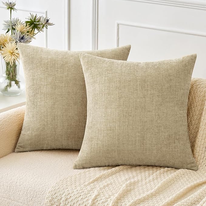 MIULEE Soft Chenille Throw Pillow Covers Beige 16x16 Inch Pack of 2 | Modern Home Decor, Classic Decorative Pillows, Solid Dyed Cases, Boho Couch Cushion Covers for Sofa Bed Living Room