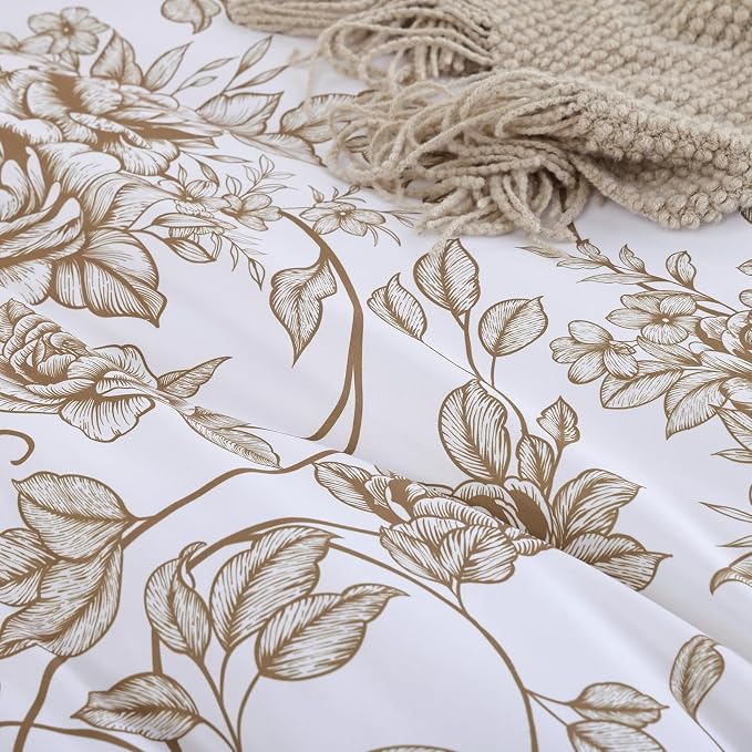 JANZAA Queen Size Comforter Set - Yellow Khaki Floral Shabby Chic Bedding | 3 Piece Cute Floral Bedding for All Season, 1 Soft Fluffy Breathable Microfiber Comforter Set with 2 Pillowcases