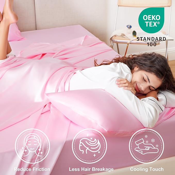Love's cabin Satin Queen Sheets Set - 6 Piece Pink Silky Bed Sheets Set with Deep Pocket, Luxury Silk Feel Satin Queen Size Sheet Set (1 Flat Sheet, 1 Fitted Sheet, 4 Pillow Cases)
