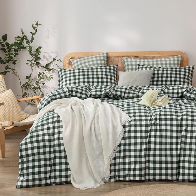 BESTOUCH Gingham Cotton Duvet Cover Set Green Full | Washed Cotton, Linen Feel, Soft Wrinkle Texture, Hidden Zipper, 8 Ties, Breathable Lightweight Durable Comfy, 3 Pcs No Insert