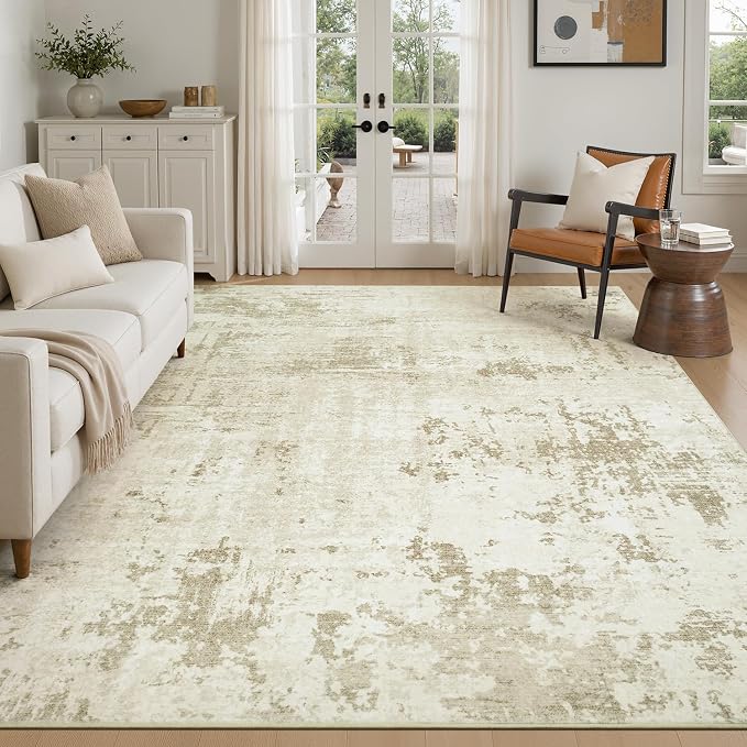 Rugflix 5x7 Area Rugs for Living Room, Washable Linen Beige Large Rug | Machine Washable; Stain-Resistant; Low Pile; Non-Slip; Modern Abstract; Carpet for Bedroom Dining Office Nursery Home
