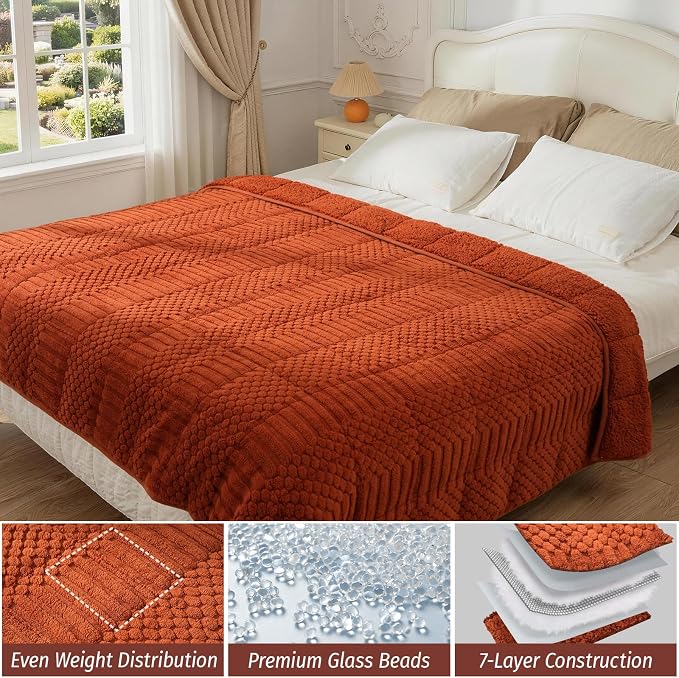 Sherpa Fleece Weighted Blanket for Adults, Orange 60" x 80" 15 lbs | Queen Size Bed, Super Soft Fuzzy Heavy Throw Blankets for Better Sleep and Relaxation, Jacquard Knitted, Chunky Warm Fluffy
