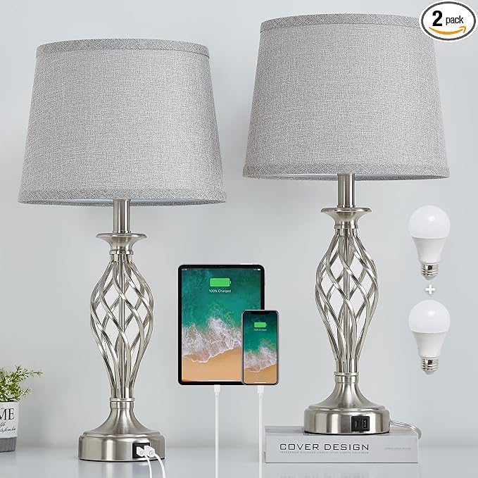 Table Lamp for Bedroom Set of 2 with USB C+A Ports,Modern Night Stand Lamps | Silver Bedside Lamps with Spiral Cage Base,Grey Fabric Shade,Lamp for Living Room Reading Bed Side End Table,Bulbs Included