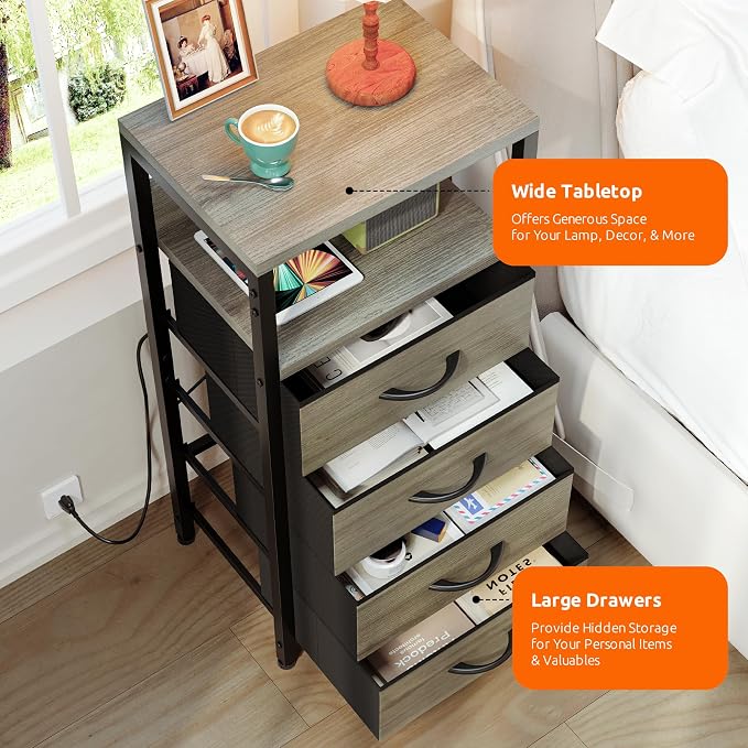 Lazzanto Night Stand with Charger Station, 4 Fabric Drawers, Grey | Nightstand, Bedside Table, Open Shelf, Built in USB-A, USB-C Port & AC Outlets, For Bedroom, Dorm, Living Room