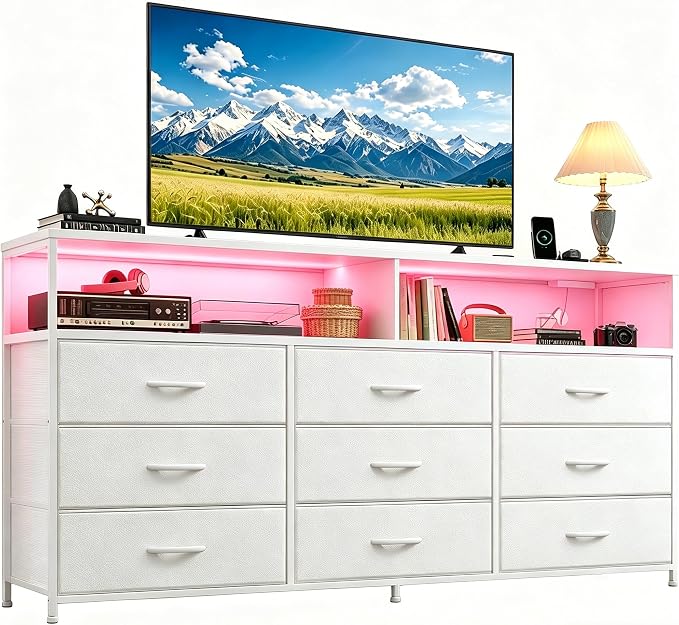 55" W Dresser for Bedroom with 9 Drawers LED, Power Outlets Fits 65" TV | TV Stand for 45, 55, 65 Inch TV Sturdy Long Chest of Drawers with Extra 2 Wooden Shelves Steel Frame PU Leather Drawer