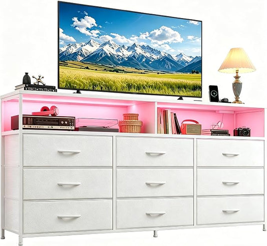 55" W Dresser for Bedroom with 9 Drawers LED, Power Outlets Fits 65" TV | TV Stand for 45, 55, 65 Inch TV Sturdy Long Chest of Drawers with Extra 2 Wooden Shelves Steel Frame PU Leather Drawer